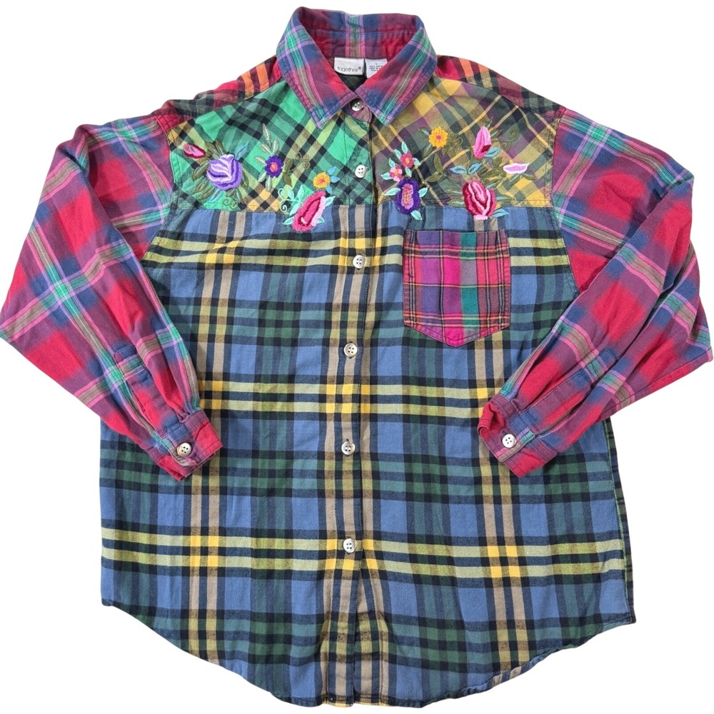 Patchwork Flannel Shirt VTG 90s Women LG Embroider Plaid Floral Maximalist Boho